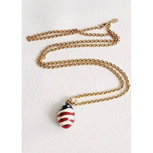 Joan Rivers Gold Tone Enamel USA Flag Patriotic Egg Pendant Necklace 32" - Picture 3 of 7